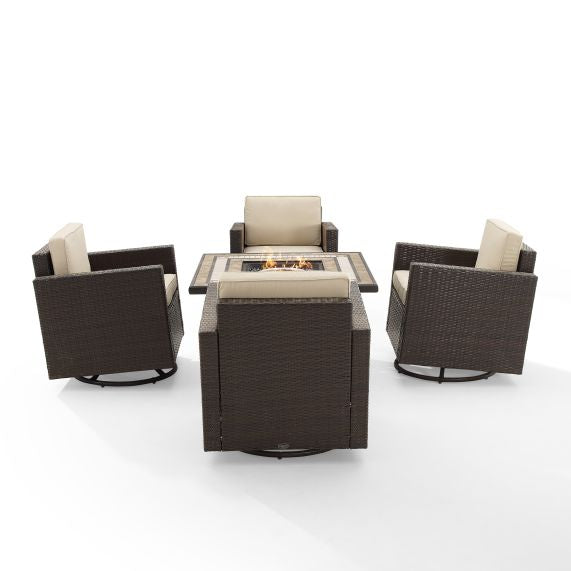 Palm Harbor 5Pc Outdoor Wicker Conversation Set W/Fire Table Sand/Brown - Tucson Fire Table & 4 Swivel Rocking Chairs