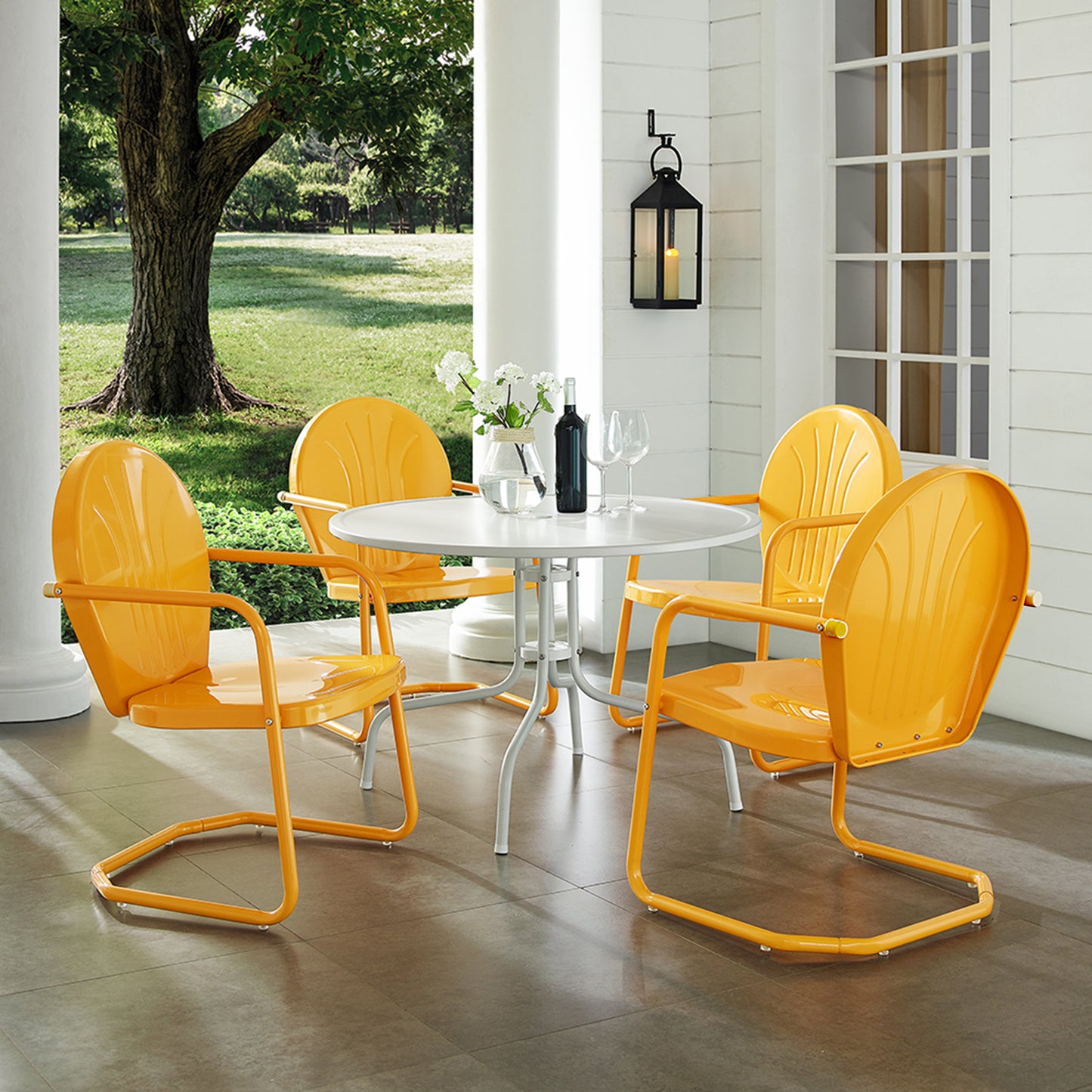 Griffith 5Pc Outdoor Metal Dining Set Tangerine Gloss/White Satin - Table & 4 Chairs