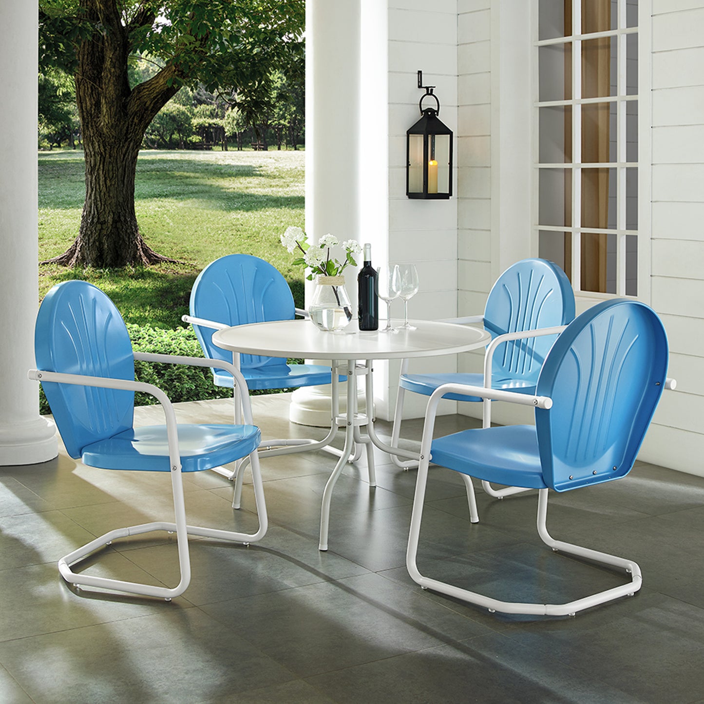 Griffith 5Pc Outdoor Metal Dining Set Sky Blue Gloss/White Satin - Table & 4 Chairs