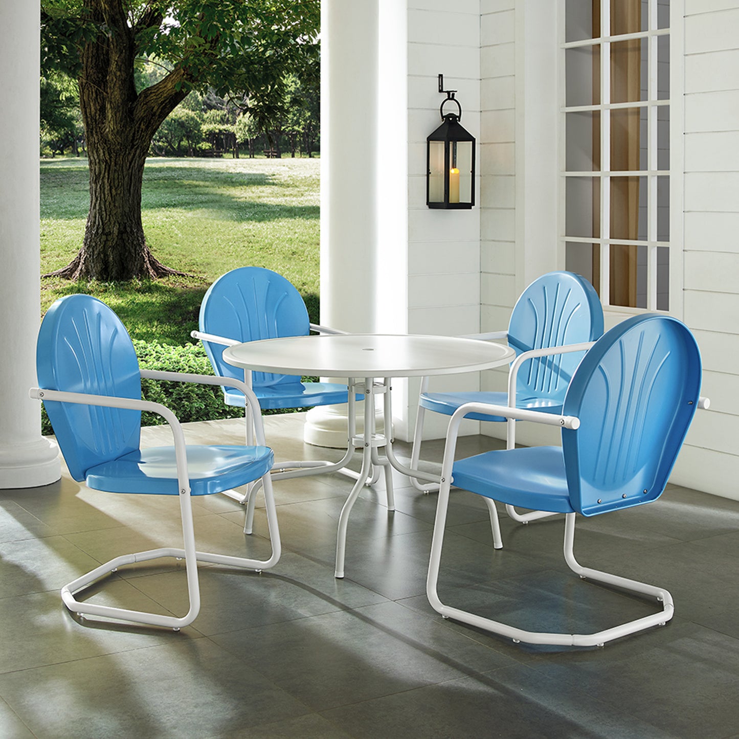 Griffith 5Pc Outdoor Metal Dining Set Sky Blue Gloss/White Satin - Table & 4 Chairs