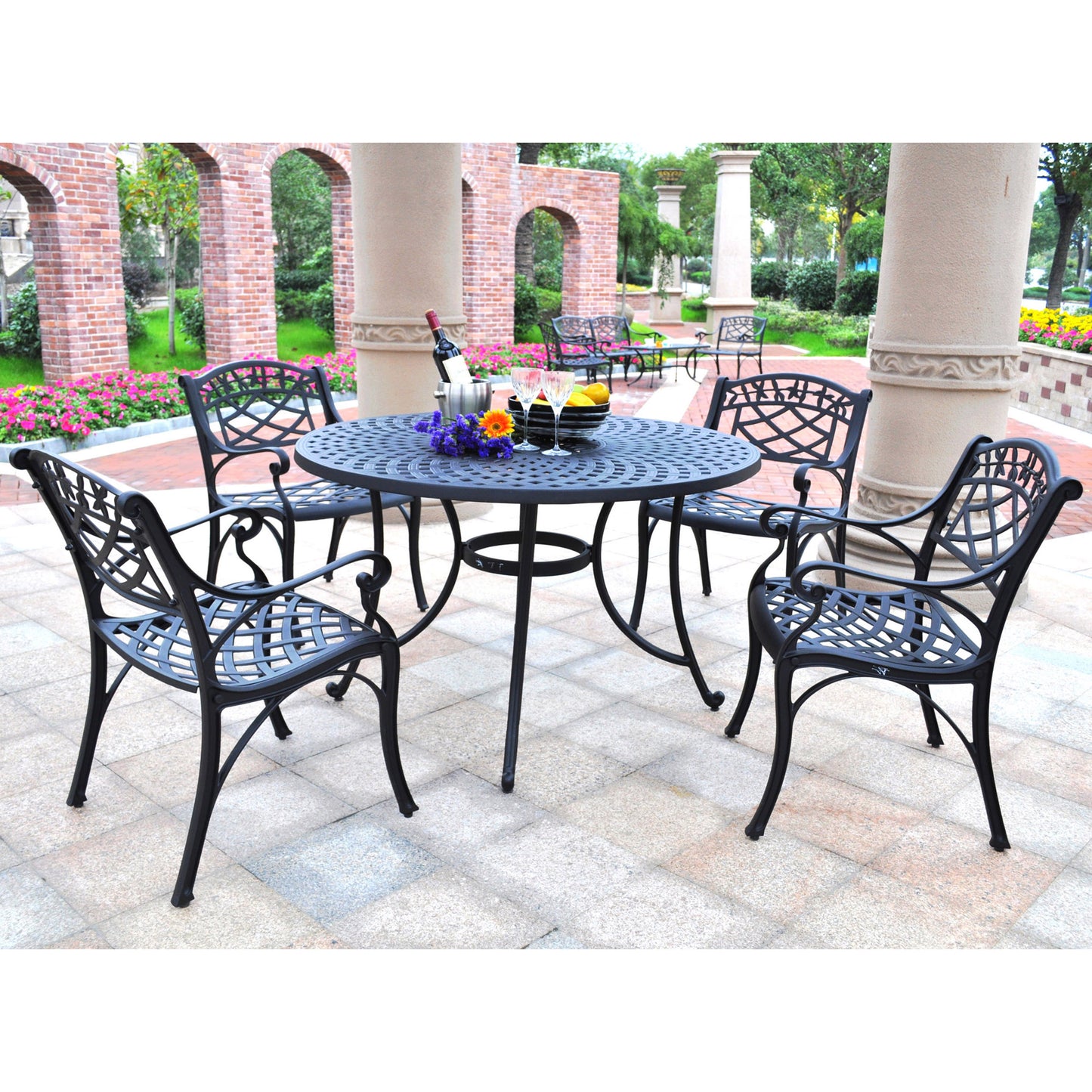 Sedona 46" 5Pc Outdoor Dining Set Black - 46" Table & 4 Armchairs